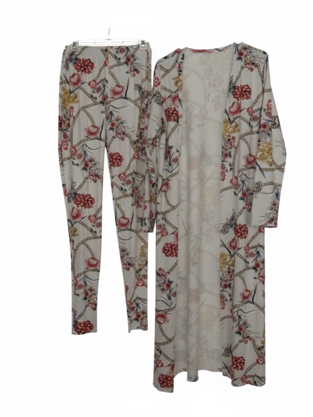2 Piece Floral Chain Print Set Kimono Cardigan & Leggings Size Large